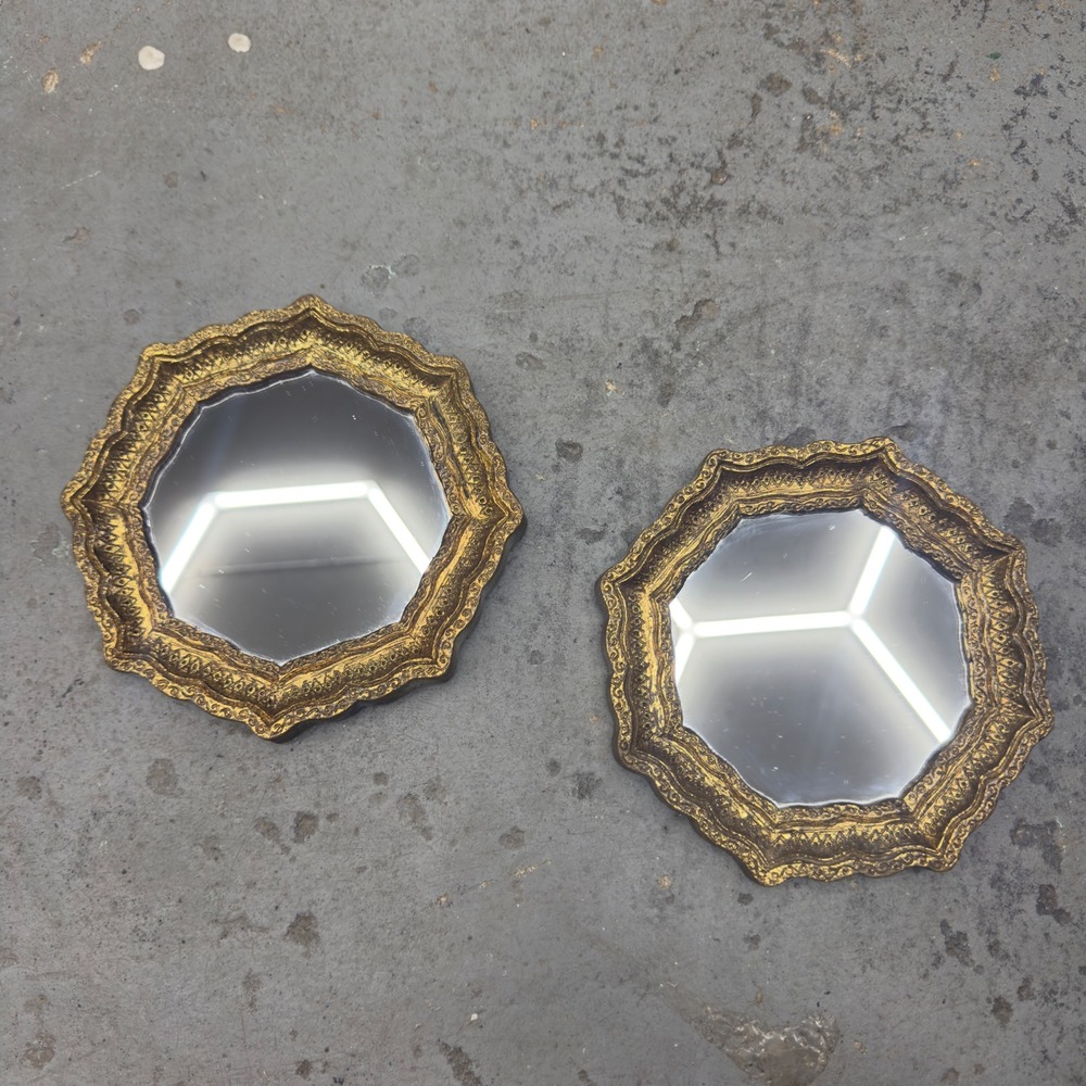 Vintage Burwood Ornate Gold Scalloped Wall Mirrors Set of 2 Small 6.25"